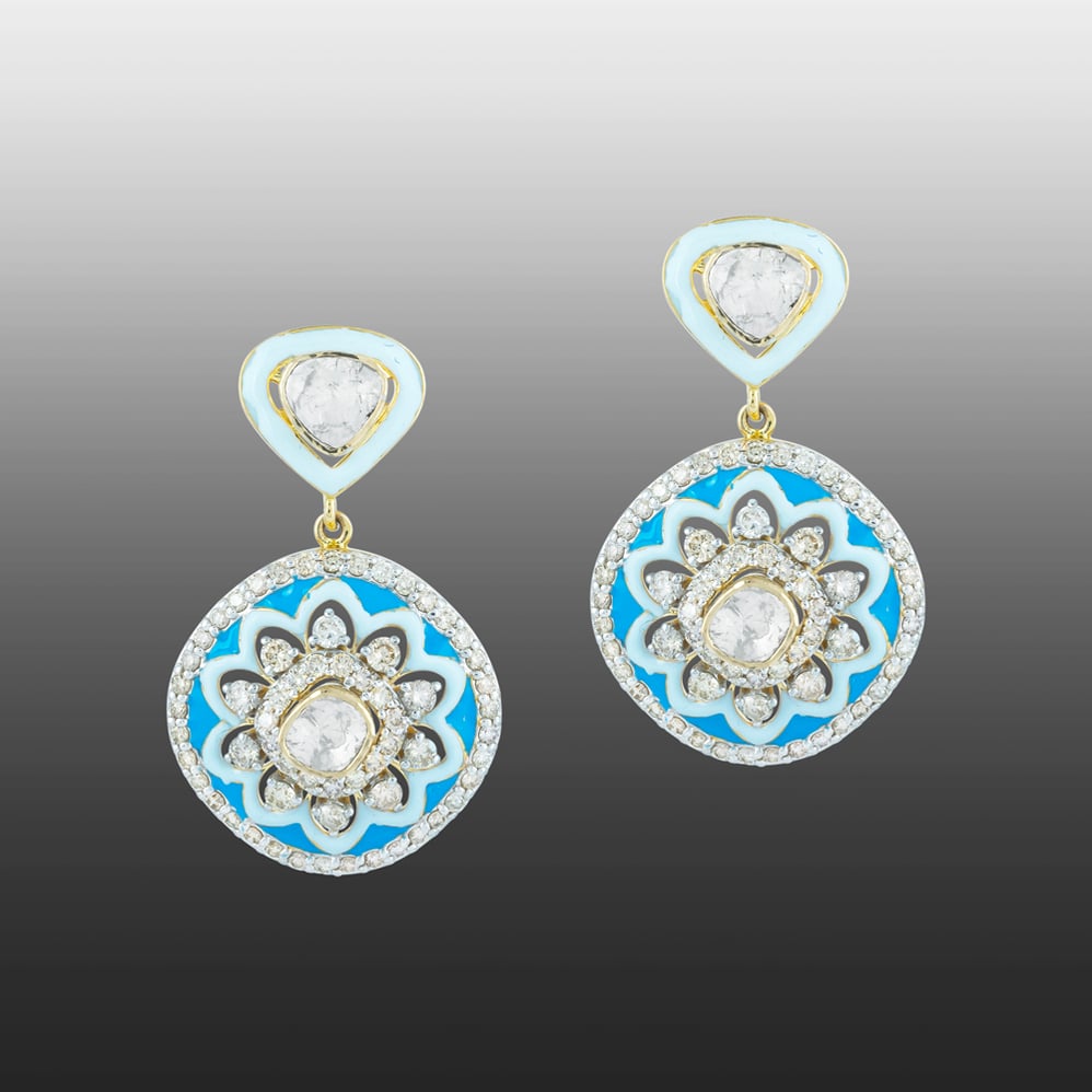 Blue Enamel Flower Polki Earrings with Diamond Halos